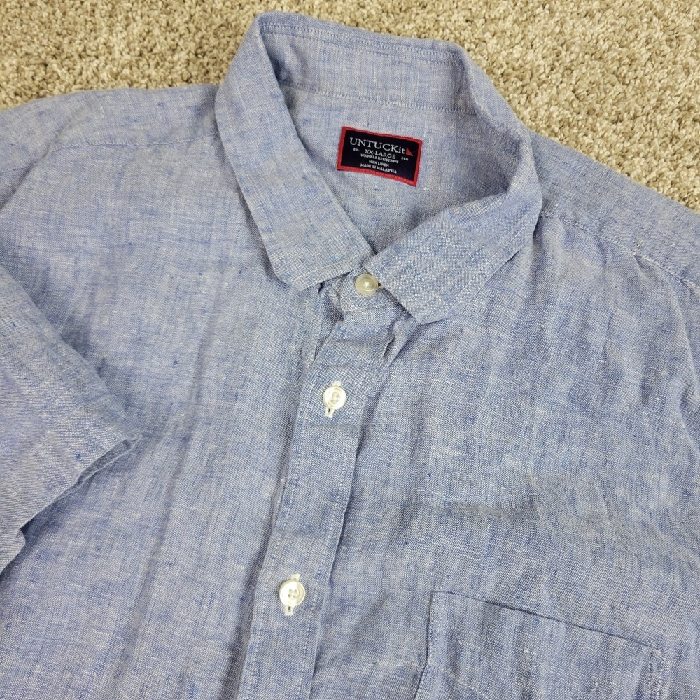 Untuckit Wrinkle Resistant‎ Mens 2XL Blue Button Up Short Sleeve 100% Linen